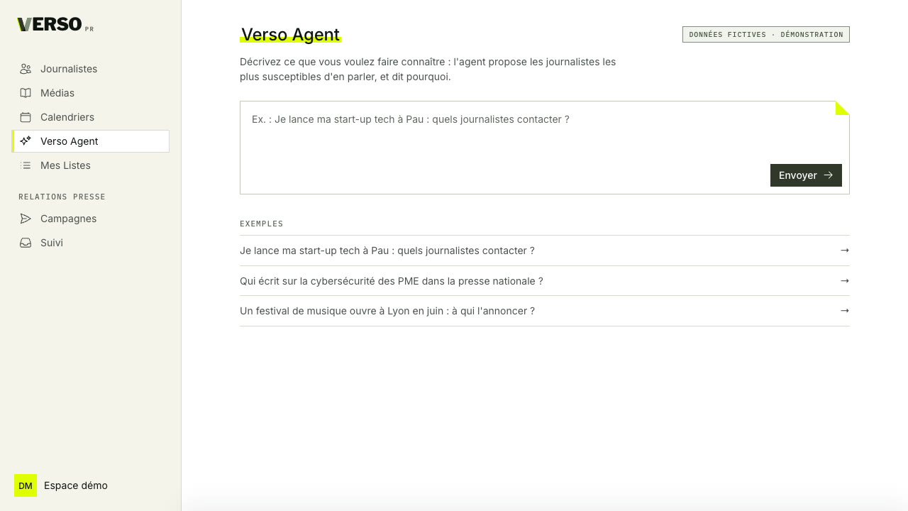 Capture de PRisme. PRisme Agent : décrivez votre annonce en une phrase, il propose les journalistes les plus susceptibles d'en parler et explique pourquoi.