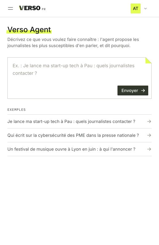 Démonstration de Verso Agent avec des données fictives : une question, les journalistes proposés et la raison de chaque choix, ajoutés à une liste