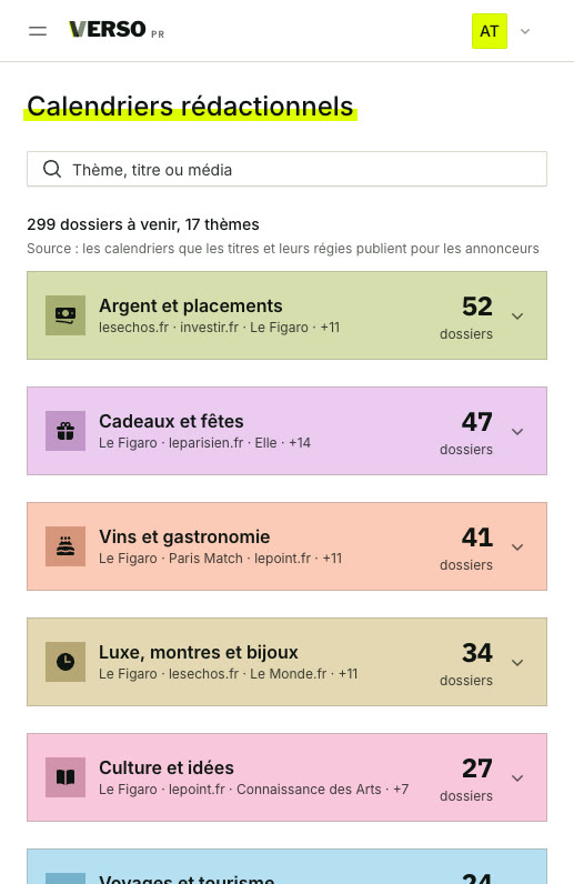 Les calendriers rédactionnels de Verso classés par thème, puis le thème Mode et beauté ouvert sur ses dossiers à venir