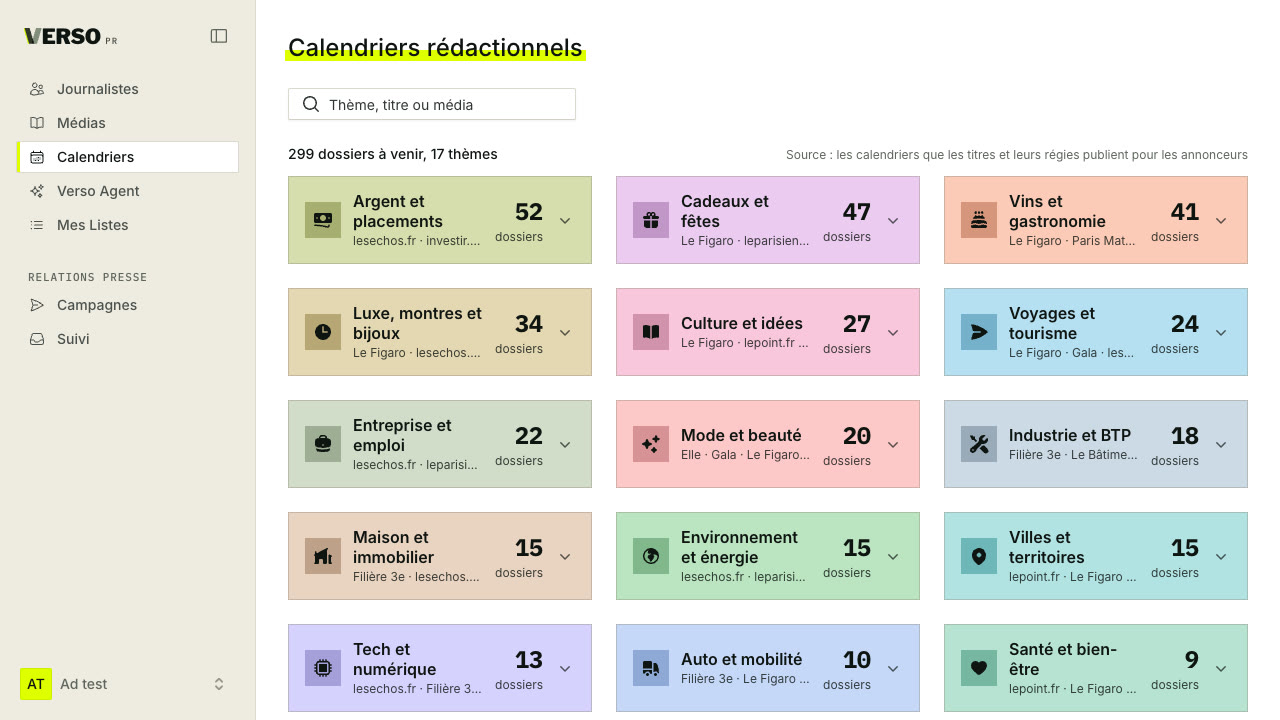 Capture de PRisme. Les calendriers rédactionnels : les dossiers à venir par thème (Cadeaux et fêtes, Mode et beauté…), pour pitcher quand les rédactions préparent leurs pages.