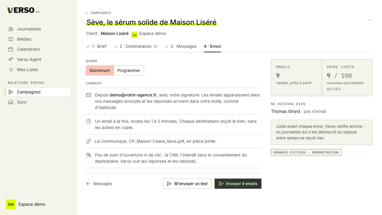 L'étape d'envoi d'une campagne dans PRisme, avec des données fictives