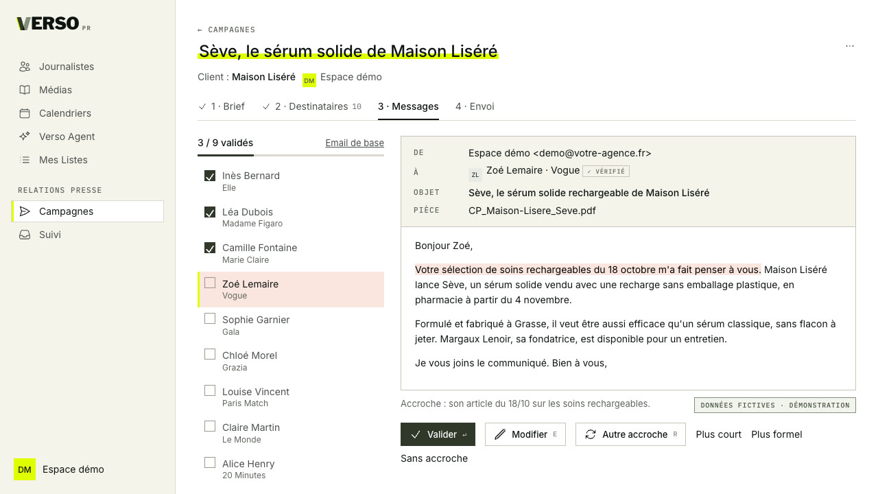 La relecture des emails d’une campagne dans Verso, avec des données fictives