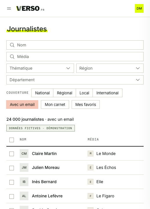La recherche de journalistes dans Verso, illustrée avec des noms et avatars fictifs