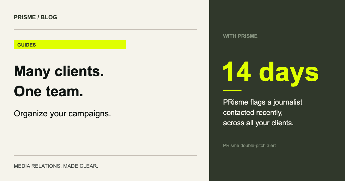 14 days PRisme flags a journalist contacted recently, across all your clients. (PRisme double-pitch alert)