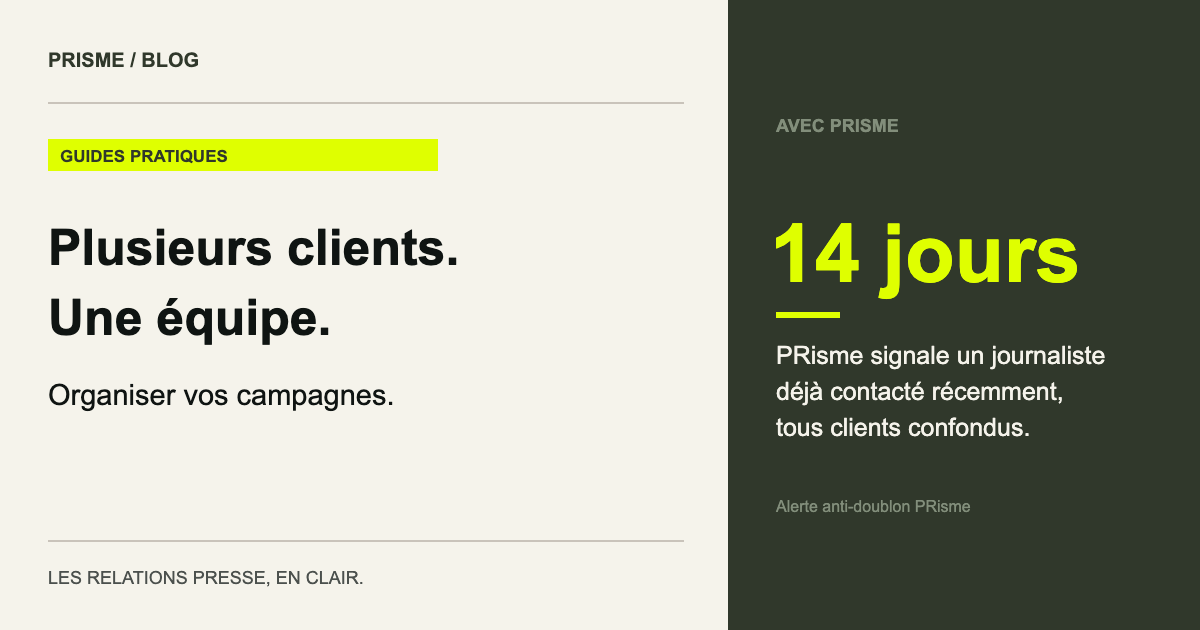14 jours PRisme signale un journaliste déjà contacté récemment, tous clients confondus. (Alerte anti-doublon PRisme)